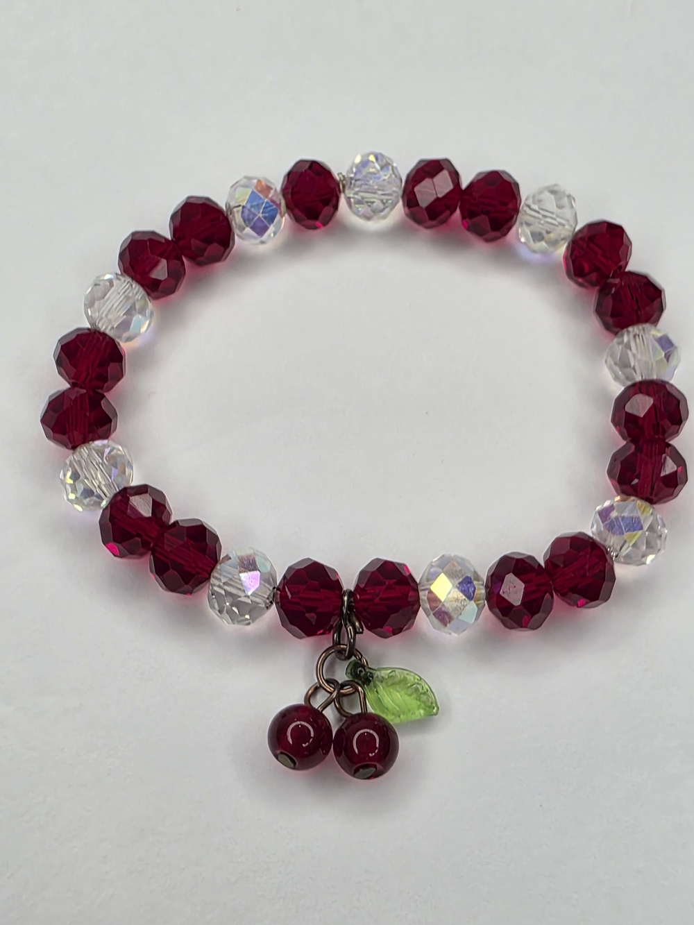 Beaded Cherry Charm Bracelet - Red & Clear